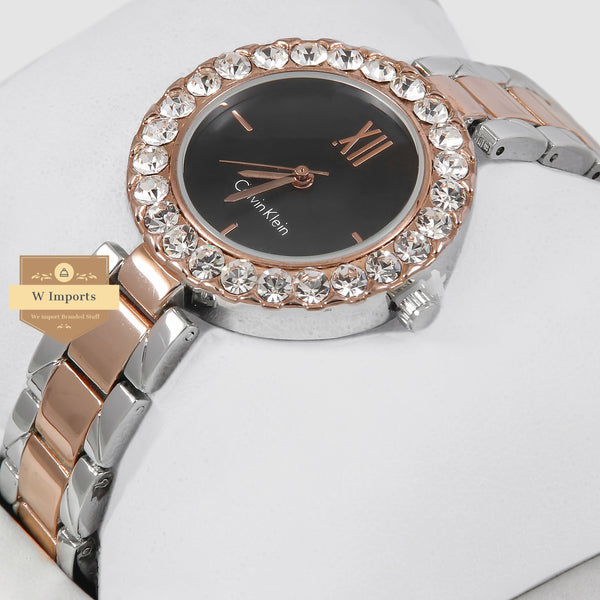 Latest Collection Two Tone RoseGold With Black Dial & Stone Bezel Ladies Watch