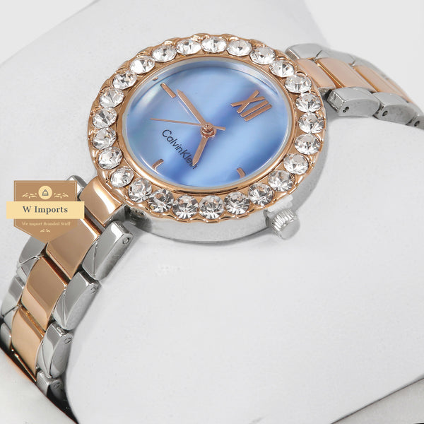 Latest Collection Two Tone RoseGold With Blue Dial & Stone Bezel Ladies Watch