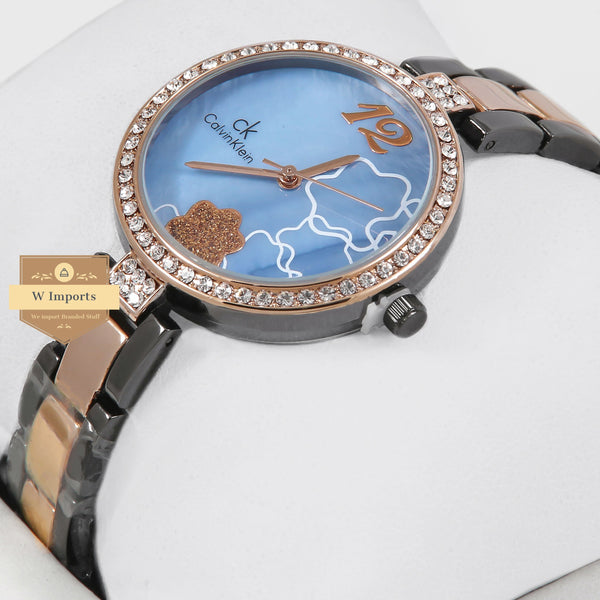 Latest Collection Two Tone Rose Gold With Blue Dial & Stone Bezel Ladies Watch