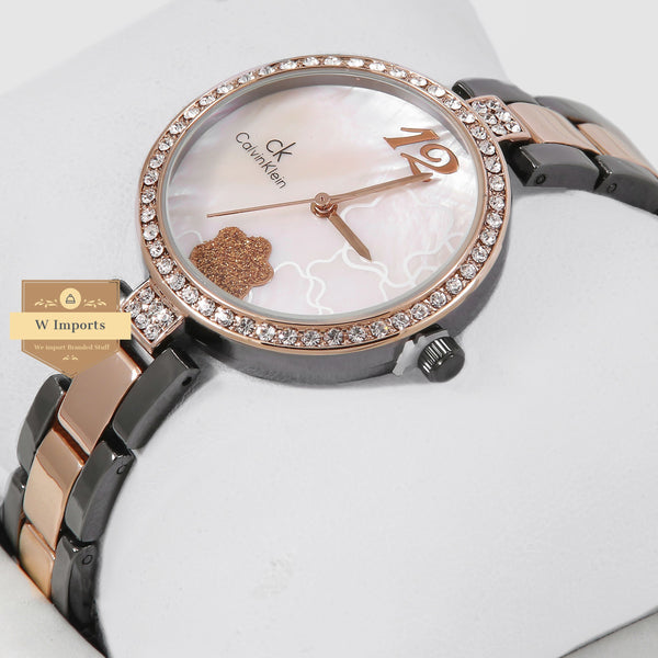 Latest Collection Two Tone Rose Gold With Pink Dial & Stone Bezel Ladies Watch