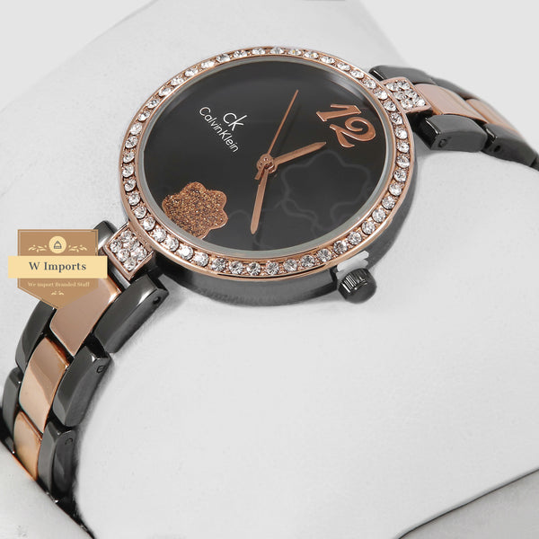 Latest Collection Two Tone Rose Gold With Black Dial & Stone Bezel Ladies Watch