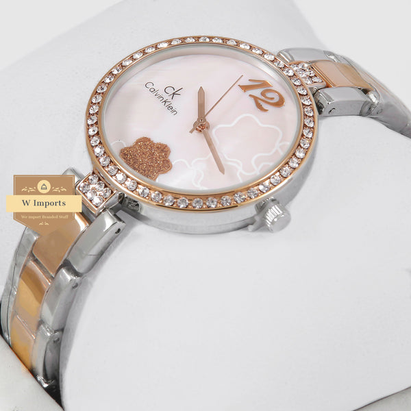 Latest Collection Two Tone Rose Gold With Pink Dial & Stone Bezel Ladies Watch