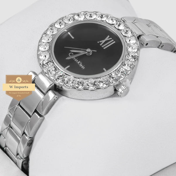 oos Latest Collection Silver With Black Dial & Stone Bezel Ladies Watch