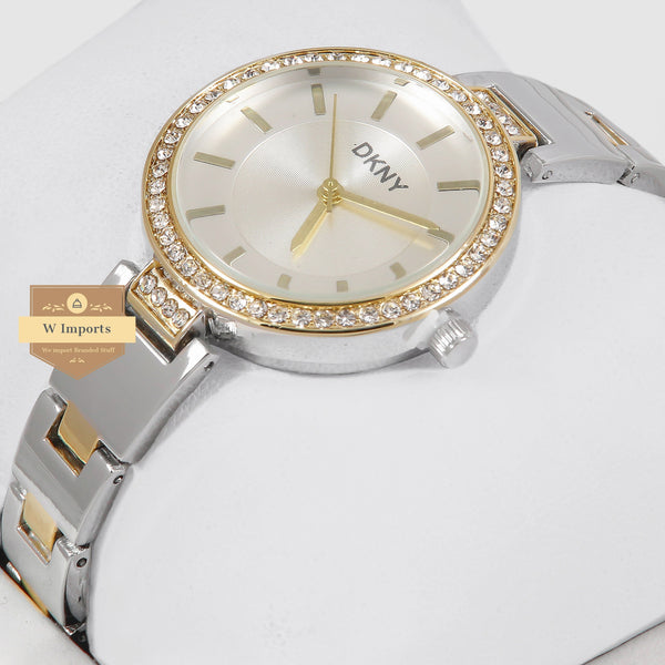 Latest Collection Two Tone Yellow Gold With White Dial & Stone Bezel Ladies Watch