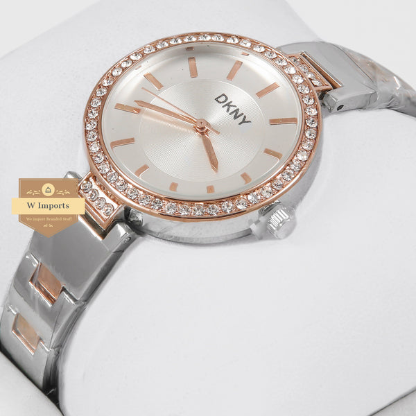 Latest Collection Two Tone Rose Gold With White Dial & Stone Bezel Ladies Watch