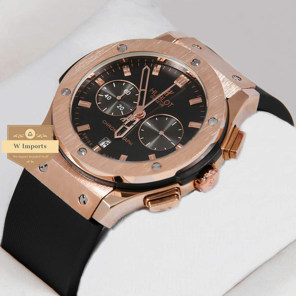 oos Latest Collection Chronograph Rose Gold Case With Black Dial & Rubber Strap