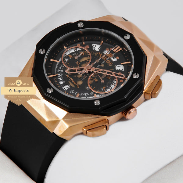 oos Latest Collection Chronograph Rose Gold & Black Case With Black Skeleton Dial & Rubber Strap