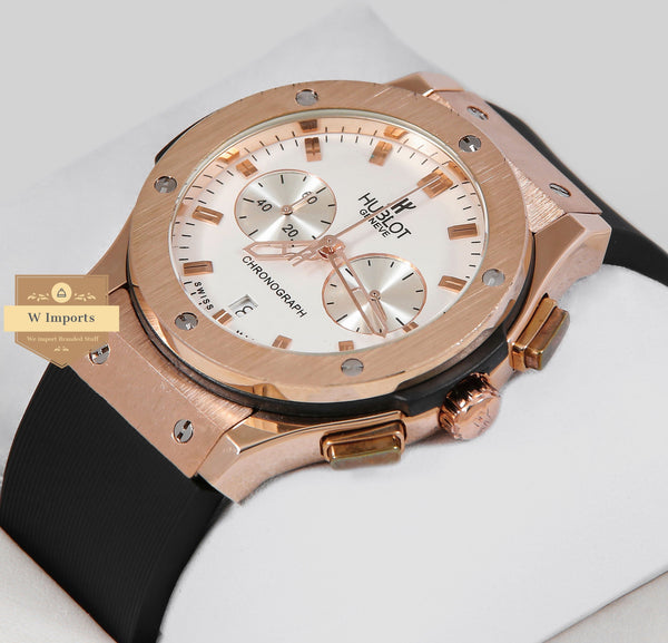 Latest Collection Chronograph Rose Gold Case With White Dial And Black Rubber Strap