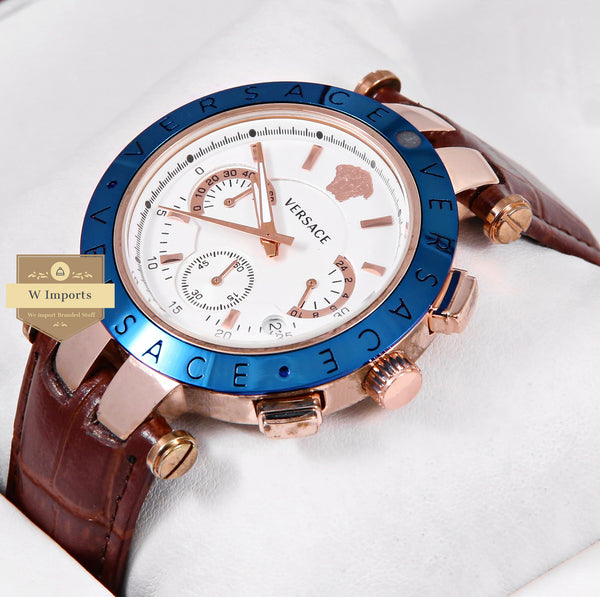 latest Collection Chronograph Blue Bezel Rose Gold Case With Brown Leather Strap