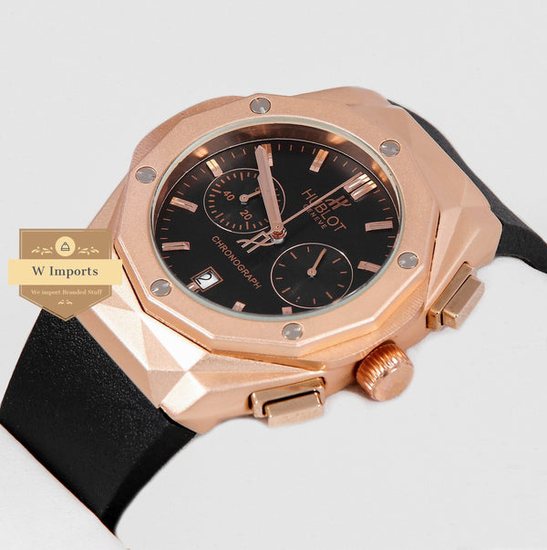 Latest Collection Chronograph Rose Gold Case With Black Dial & Rubber Strap