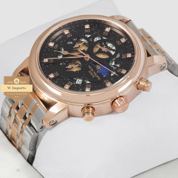 Latest Collection Two Tone Rose Gold With Black Skeleton Dial