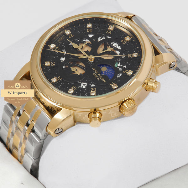 Latest Collection Two Tone Yellow Gold With Black Skeleton Dial