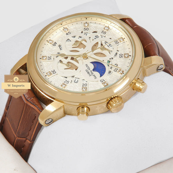 oos Latest Collection Chronograph Yellow Gold Case With White Skeleton Dial With Brown Leather Strap