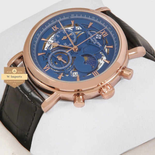 Latest Collection Chronograph Rose Gold Case With Blue Skeleton Dial & Black Leather Strap