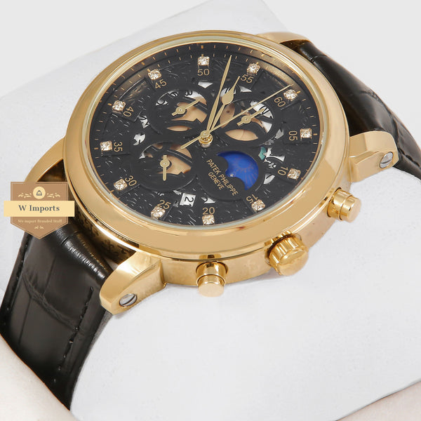 OOS Latest Collection Chronograph Yellow Gold Case With Black Skeleton Dial & Leather Strap