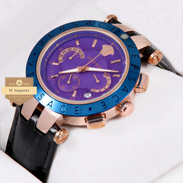 Latest Collection Chronograph Blue Bezel Rose Gold Case With Purple Dial