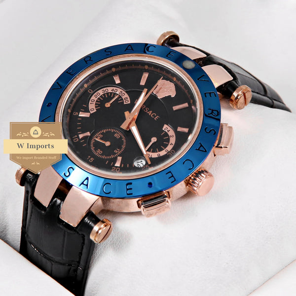 OOS Latest Collection Chronograph Blue Bezel Rose Gold Case With Black Dial