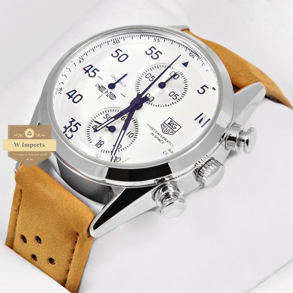 Latest Collection Chronograph Silver Case With White Dial & Camel Brown Strap