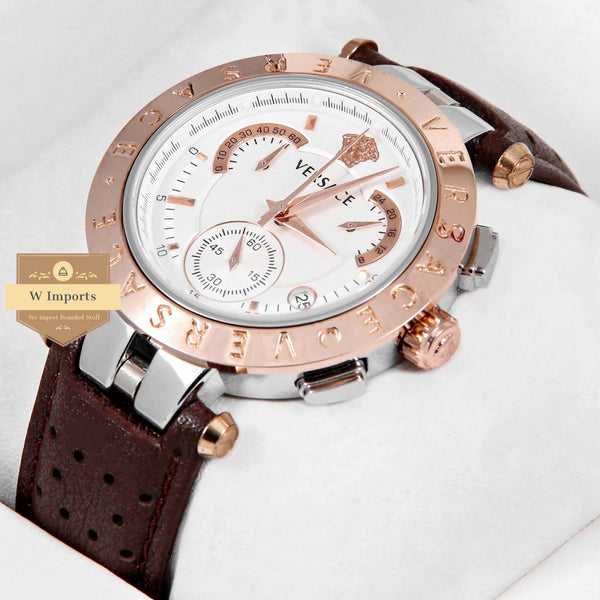 Latest Collection Chronograph Silver Case With Rose Gold Bezel & White Dial & Brown Leather Strap