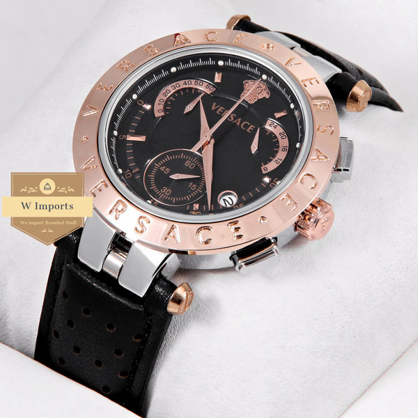 OOS Latest Collection Chronograph Rose Gold With Black Dial & Black Dotted Leather Strap