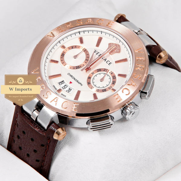 Latest Collection Chronograph Rose Gold Bezel Silver Case With White Dial & Brown Leather Strap