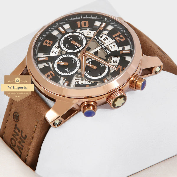 oos Latest Collection Skeleton Chronograph Rose Gold Case With Black Dial & Camel Brown Strap