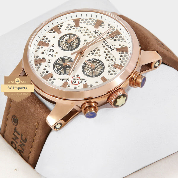 oos Latest Collection Chronograph Rose Gold Case With White Dial & Camel Brown Strap