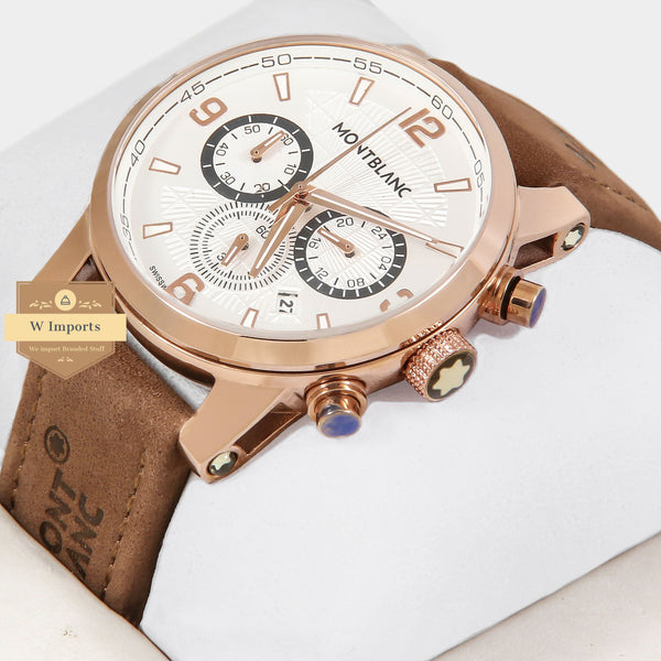 oos Latest Collection Chronograph Rose Gold Case With White Dial & Camel Brown Strap