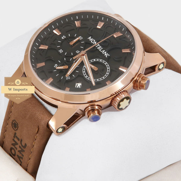 oos Latest Collection Chronograph Rose Gold Case With Black Dial & Camel Brown Strap