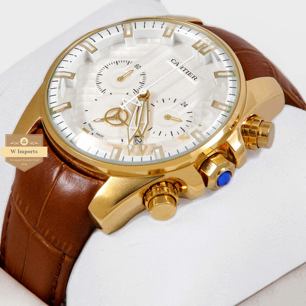 Latest Chronograph Yellow Gold Case With White Dial & Leather Strap (A)