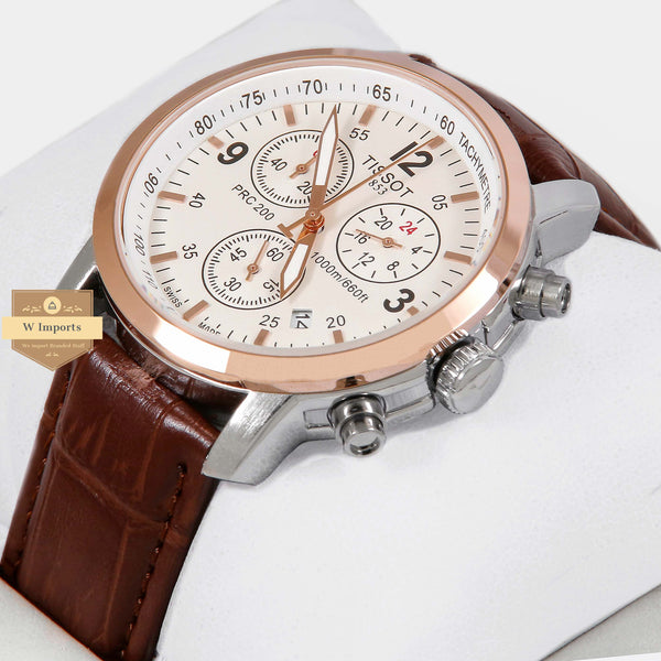 OOS Latest Collection Chronograph Silver Rose Gold Bezel With White Dial  & Brown Leather Strap