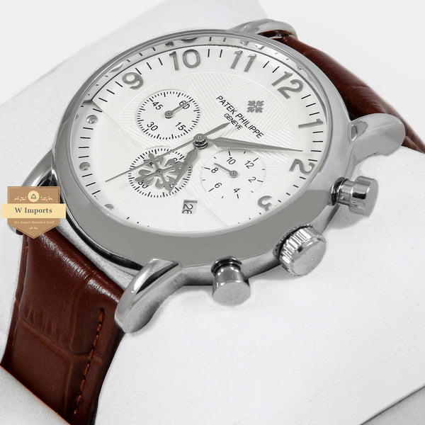 Latest Collection Chronograph Silver Case With White Dial & Brown Leather Strap