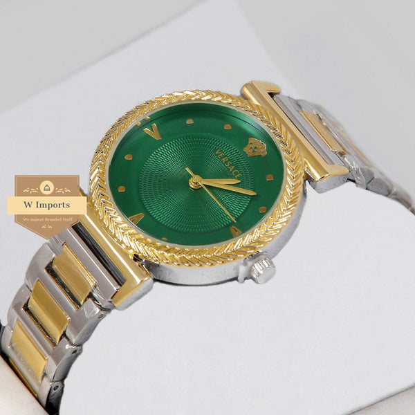 Latest Collection Yellow Gold Two Tone With Green Dial Ladies Watch