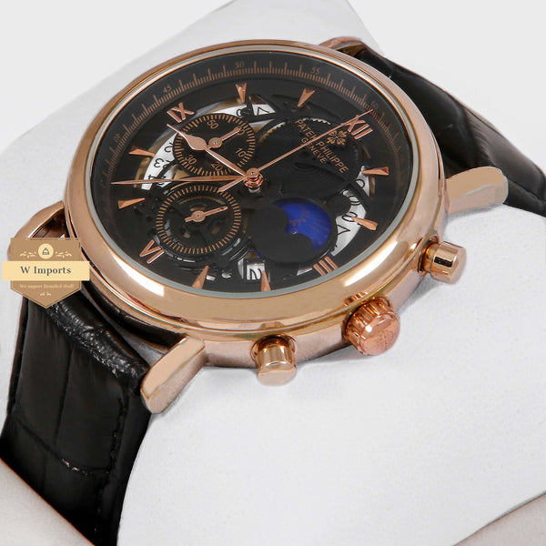 Latest Collection Chronograph Rose Gold Case With Black Skeleton Dial & Leather Strap