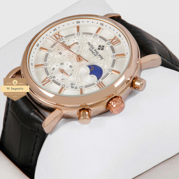 Latest Collection Chronograph Rose Gold Case With White Dial & Black Leather Strap
