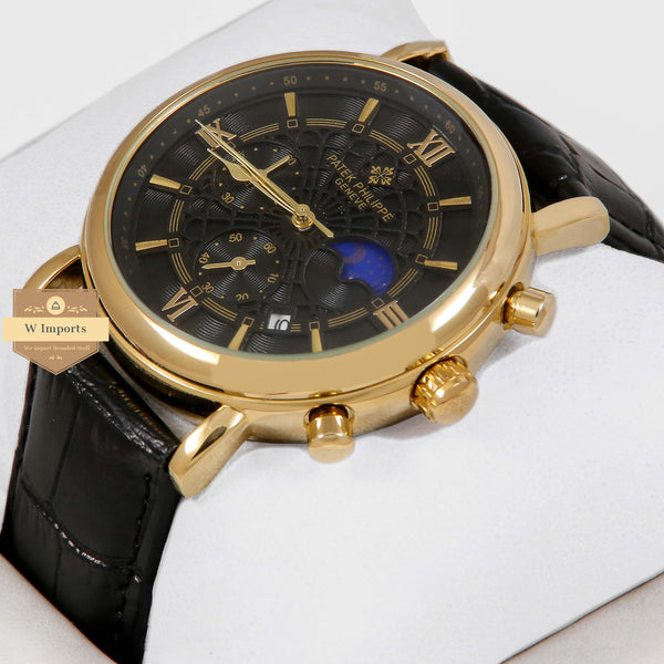 oos Latest Collection Chronograph Yellow Gold Case With Black Dial & Leather Strap