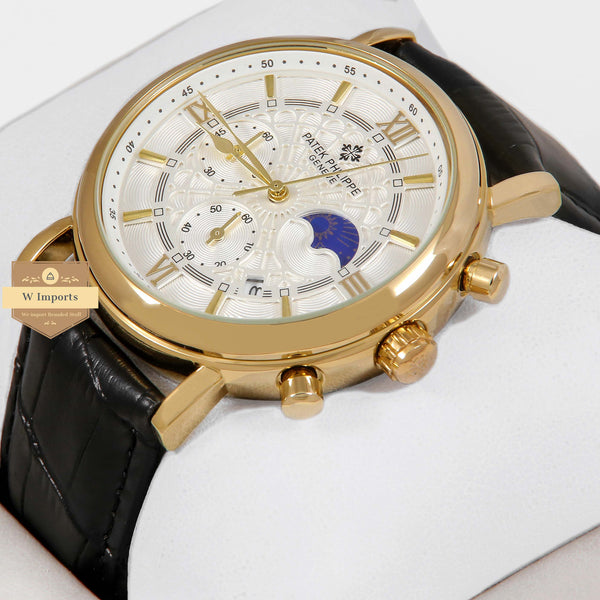 Latest Collection Chronograph Yellow Gold Case With White Dial & Black Leather Strap