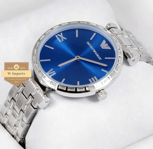 Latest Classic Silver With Blue Dial Stone Bezel & Bracelet Ladies Watch