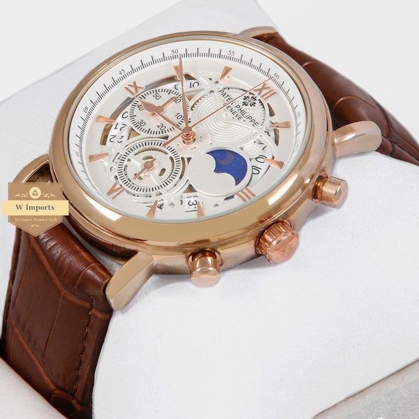 OOS Latest Collection RoseGold Case With White Dial & Brown Leather Strap Chronograph Watch