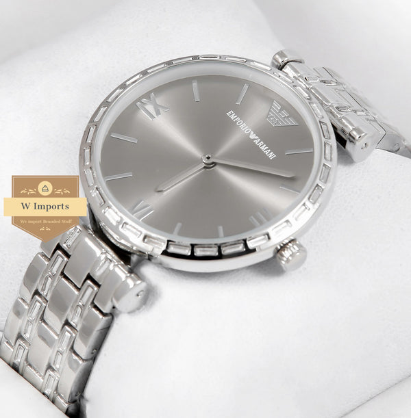 OOS Latest Collection Classic Silver With Grey Dial Stone Bezel & Bracelet Ladies Watch