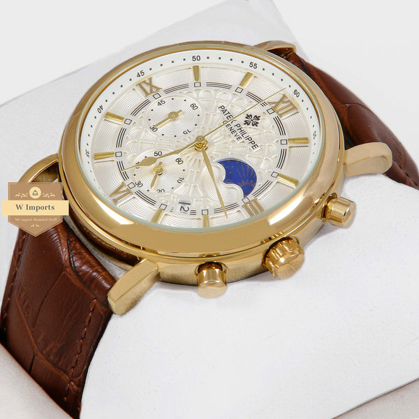 OOS Latest Collection Chronograph Yellow Gold Case With White Dial & Brown Leather Strap