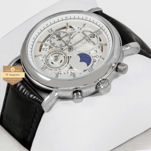 oos Latest Collection Chronograph Silver Case With White Skeleton Dial & Black Leather Strap