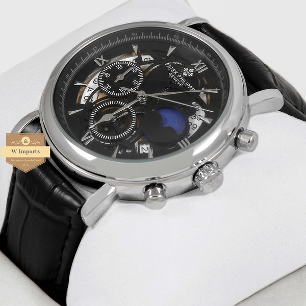 Latest Collection Silver Case With Black Skeleton Dial & Black Leather Strap Chronograph Watch