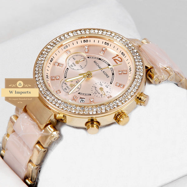 Latest Collection Chronograph Yellow Gold With Stone Bezel Rose Gold Dial & Ceramic Stone Bracelet Ladies Watch