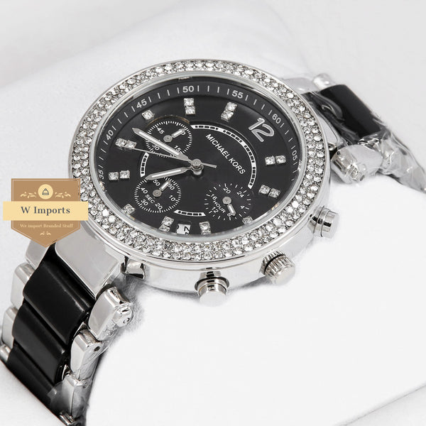 OOS Latest Collection Chronograph Silver With Stone Bezel Black Dial & Ceramic Stone Bracelet Ladies Watch