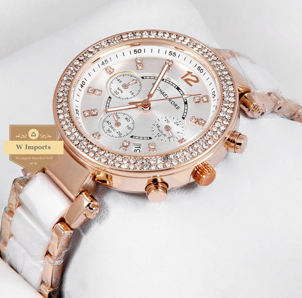 OOS Latest Collection Chronograph Rose Gold With Stone Bezel White Dial & Ceramic Stone Bracelet Ladies Watch