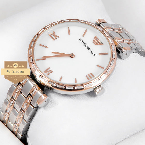 Latest Collection Classic Two Tone Rose Gold With White Dial Stone Bezel & Bracelet Ladies Watch