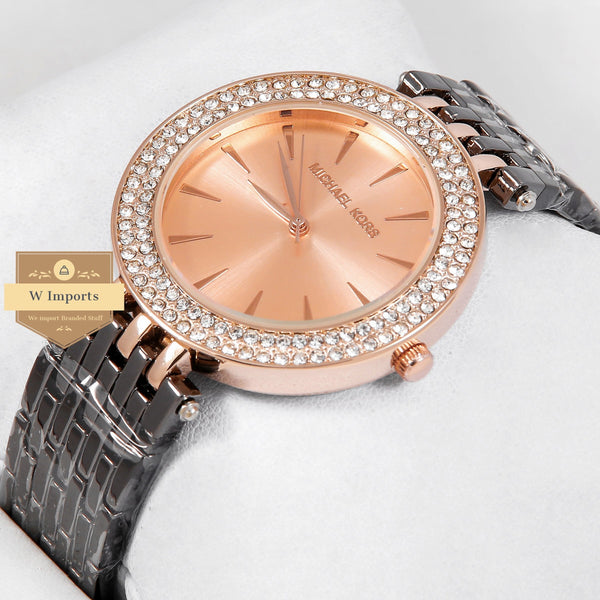 Latest Collection Rose Gold & Black With Rose Gold Dial & Stone Bezel Ladies Watch