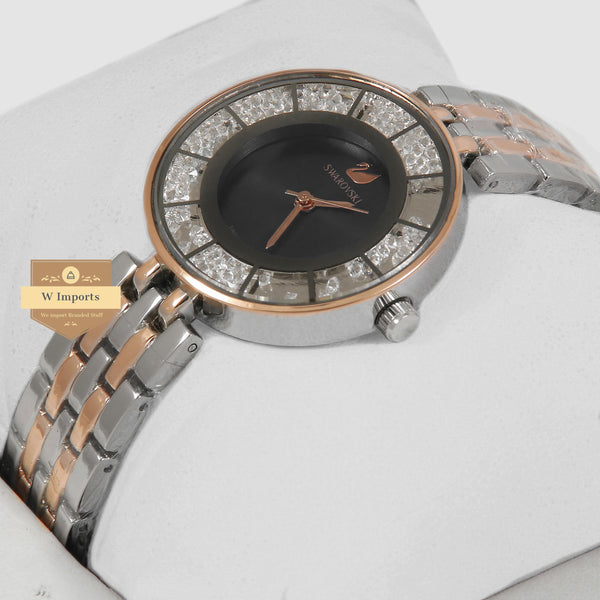 Latest Collection Two Tone Rose Gold & Silver Stone Bezel With Black Dial Ladies Watch