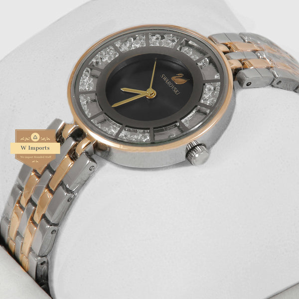 Latest Collection Two Tone Yellow Gold & Silver Stone Bezel With Black  Dial Ladies Watch